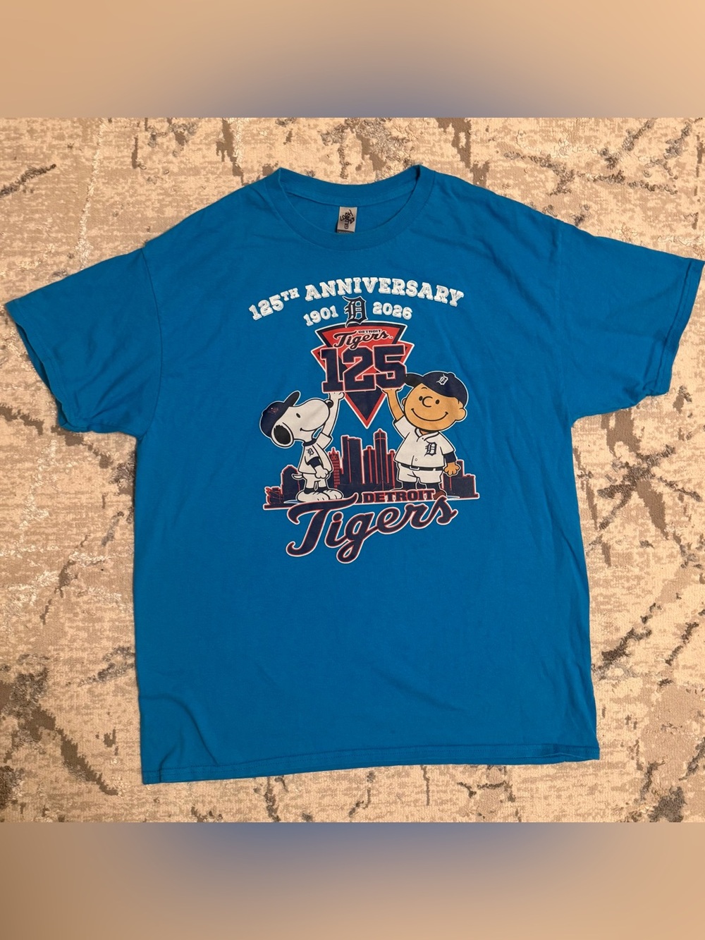 Blue Peanuts Snoopy Detroit Tigers 125th Anniversary cotton t-shirt with graphic